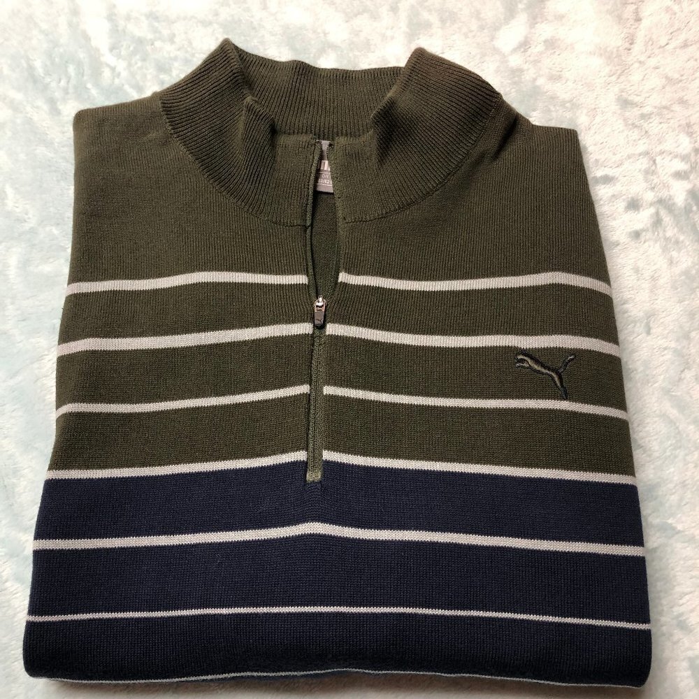 Puma Navy & Olive Green Striped Quarter Zip Long Sleeve Pullover Sweater XL